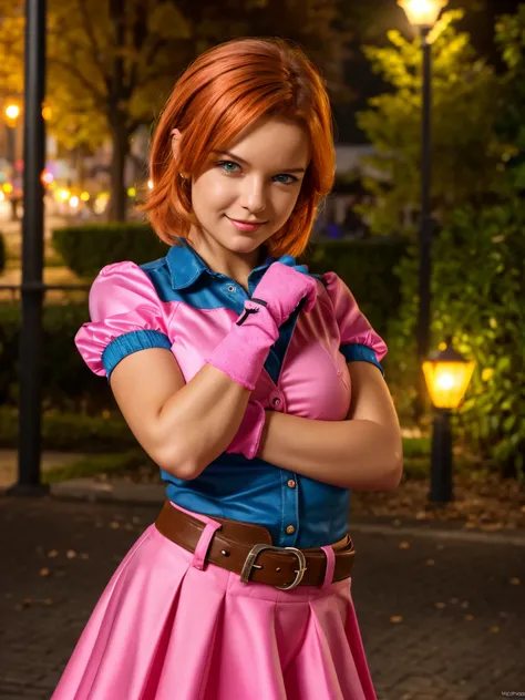 1girl,cowboy shot, looking at viewer, smile, short hair, blue eyes,heart cutout, gloves,  jacket, pink skirt, pink belt, short sleeves, puffy sleeves, single armband, fingerless gloves, orange hair, pink gloves, dynamic pose, night, outdoors, city, (volume...