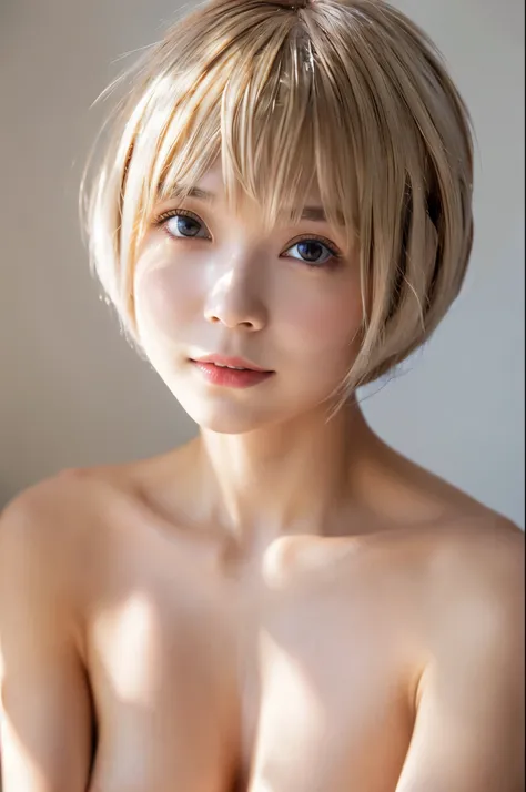 8k、high resolution、ultra detail、((naked girls:1.4))、((no underwear:1.3))、((beautiful makeup:1.3))、((short blonde bob cut:1.4))、r...