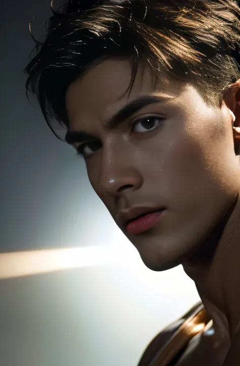 A muscular boy, close-up portrait, short light-colored hair, a handsome youthful face, a rosy healthy complexion, luminous eyes, red lips, a strong muscular chest and abs, solid toned robust physique, visible muscle and fat, tanned skin, close-up, hardcore...