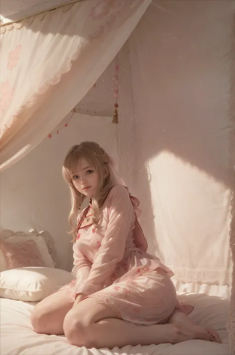 photo of mariya with long blonde hair, bang, (petite:1.4), wearing (red baju kurung:1.3),  on bed in a cute girly bedroom adorned with pastel hues and playful decor. The walls are painted in soft pinks or lavender, with a delicate floral or heart-patterned...