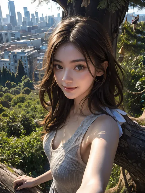 ((A girl at the top of a tree:1.45)),
(a very tall tree:1.20),
(Messy Hair), 

(a selfie:1.25),

((Cityscape:1.30)),
(a tree on a hill),
looking at the camera,
a nice day, shine, glint,

kind Smile,

perfect face, beautiful face, 
(photo realistic:1.35),  ...