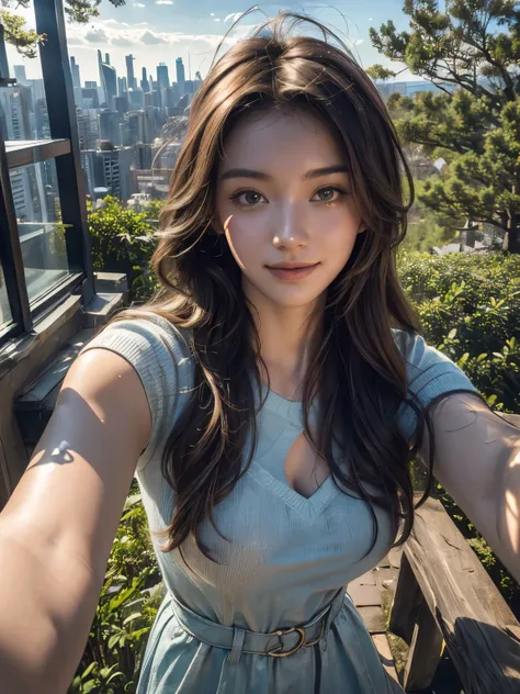 ((Cityscape:1.30)),
((A girl at the top of a tree)),
(a very tall tree),
(Messy Hair), 

(a selfie),

a tree on a hill,
looking at the camera,
a nice day,

kind Smile,

perfect face, beautiful face, 
(photo realistic:1.35),  masterpiece, best quality, CG, ...