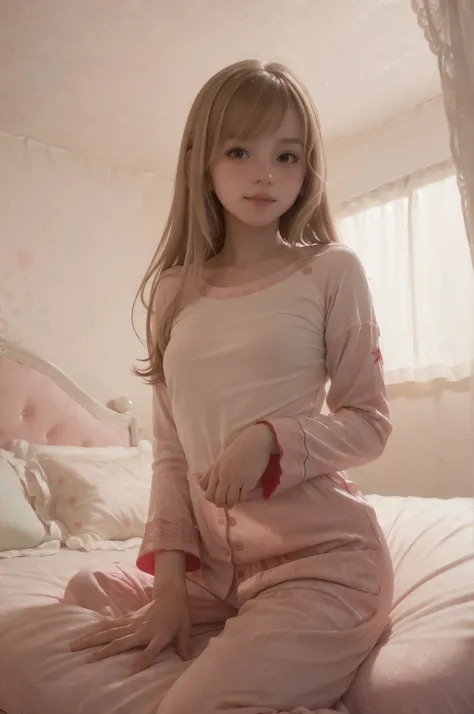 photo of mariya with long blonde hair, bang(petite:1.4), wearing (red pajamas:1.3),  on bed in a cute girly bedroom adorned with...