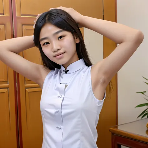 A Chinese female junior high school student, ethnic Chinese, narrow-eyed, slim and athletic, wajahnya murung, wearing a very tight white shirt that is sleeveless, raising both hands to show his healthy armpits, his body is very sweaty