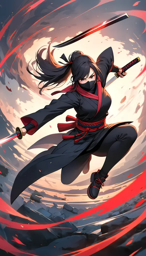 female ninja, alone, samurai sword, quick movement, aesthetic attack motions that fly through the air, i&#39;ll tempt you with m...