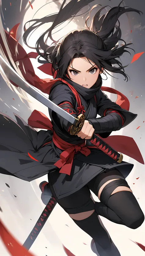 female ninja, alone, samurai sword, quick movement, aesthetic attack motions that fly through the air, i&#39;ll tempt you with m...