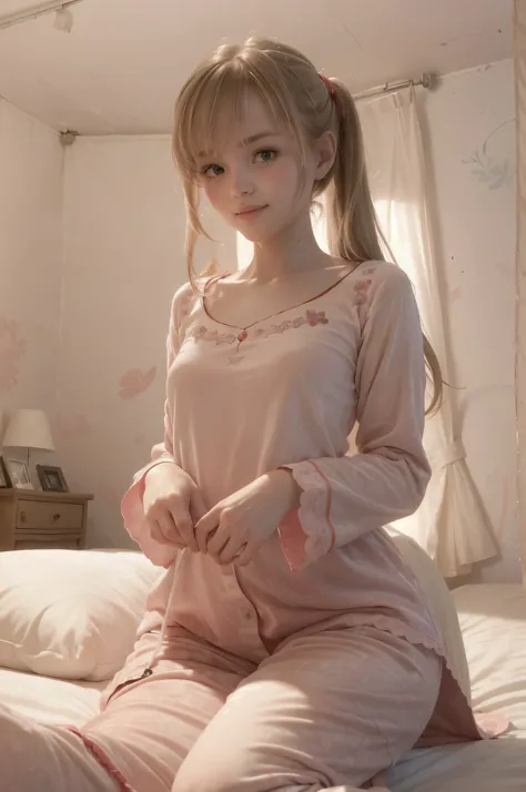 photo of mariya with long blonde hair, bang(petite:1.4), wearing (red pajamas:1.3),  on bed in a cute girly bedroom adorned with pastel hues and playful decor. The walls are painted in soft pinks or lavender, with a delicate floral or heart-patterned wallp...