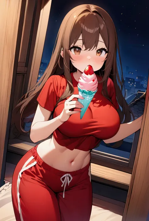 masterpiece, ultra detailed, best quality, illustrations, detailed Beautiful anime girl, detailed night bedroom scenery, standing up, eating a strawberry ice cream, detailed brown hair, long hair, detailed beautiful face, detailed brown eyes, detailed swee...