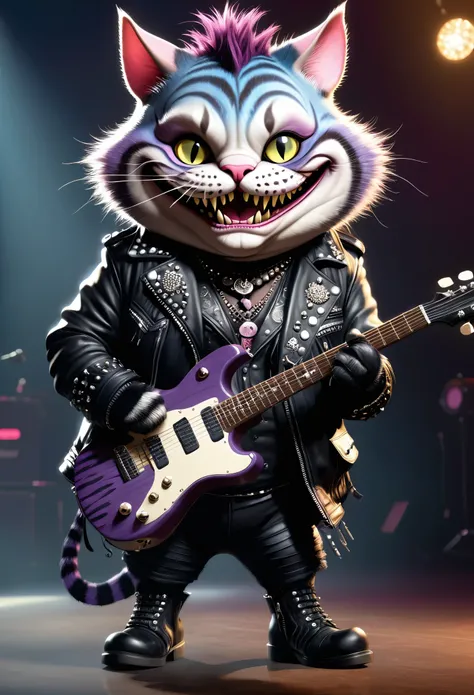 photorealistic portrait of Dressed animals - a ((fat) (Cheshire cat) punk-rocker,(furry), (full body image:1.5),(happy smile),(holding a guitar:1.5), Wearing a tailored black leather jacket featuring intricate silver stud patterns reminiscent of sacred sym...