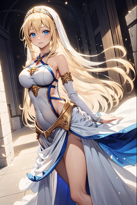 become a，fantasy princess，obsessed，full breasts，in love，sacred，(and a white princess dress:1.3)，blonde hair and blue eyes，blue e...