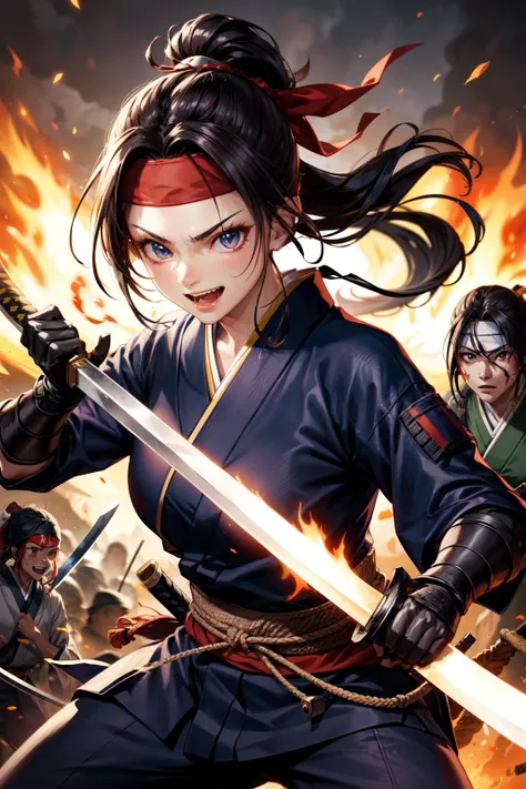 One Girl, warrior,Japanese sword,anime,Anatomically correct, A series of character actions, Ninja,ponytail, masterpiece, Textured Skin, Action Painting, Surrounded by enemies,battle,Flaming Sword,Headband,A happy look