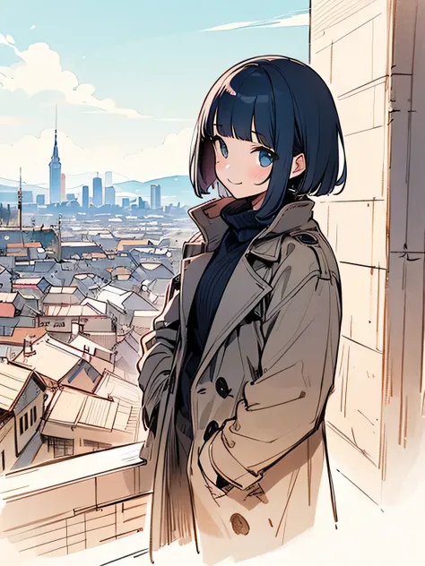 Alone,upperbody,looking at sky,pastel blue short pixiecut,(blunt bangs),Trench coat、Gucci、Luxury muffler、smile,Sigh、winter town,Detailed cityscape、snow,(manga style),(sketch),(illustration),