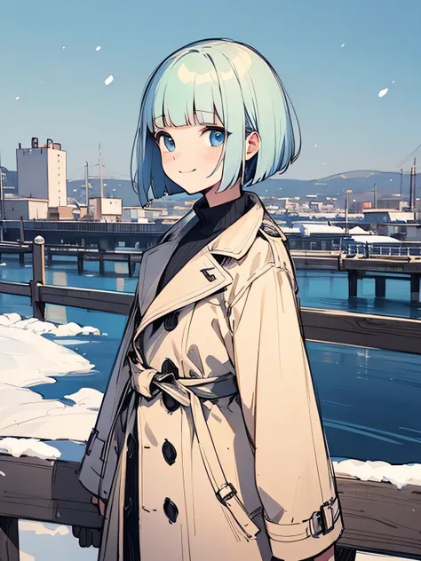 Alone,upperbody,looking at sky,pastel blue short pixiecut,(blunt bangs),Trench coat、Gucci、Luxury muffler、smile,Sigh、winter town,Detailed cityscape、snow,(manga style),(sketch),(illustration),