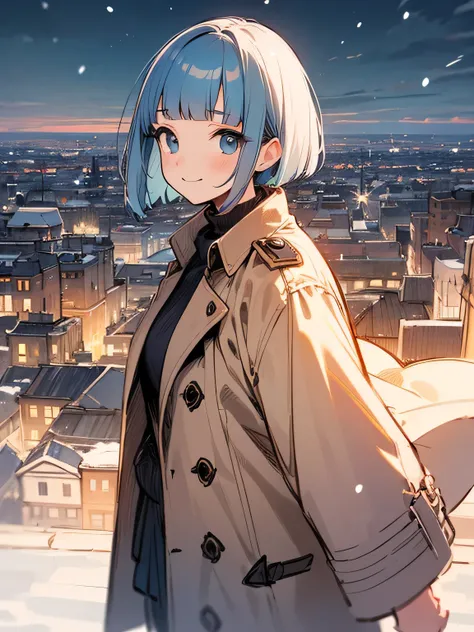 Alone,upperbody,(looking at sky),pastel blue short pixiecut,(blunt bangs),Trench coat、Gucci、Luxury muffler、smile,Sigh、winter town,Detailed cityscape、snow,(manga style),(sketch),(illustration),