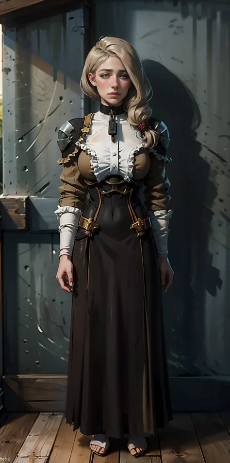 (masterpiece, best quality), intricate details, 1girl, Mercedes von Martritz from Fire Emblem (standing full body toe to head by wooden pole:1.2) iron collar, arms behind back, iron cuffs, shackles, bound, bondage outfit, harness, o-ring, bondage outfit bl...