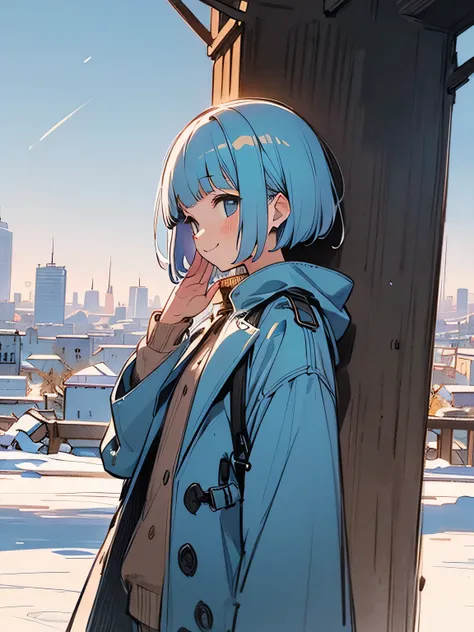 sideview,Alone,upperbody,(looking at away:1.3),pastel blue short pixiecut,(blunt bangs),Trench coat、Gucci、Luxury muffler、smile,Raise one hand up、Trying to grab something、Sigh、winter town,Detailed cityscape、snow,(manga style),(sketch),(illustration),