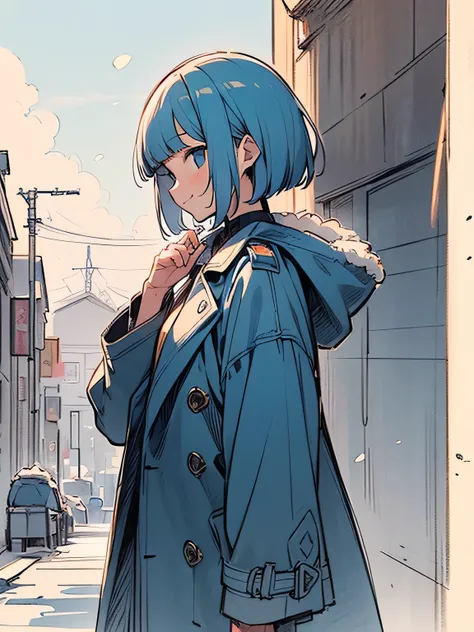 sideview,Alone,upperbody,(looking at away:1.3),pastel blue short pixiecut,(blunt bangs),Trench coat、Gucci、Luxury muffler、smile,Raise one hand up、Trying to grab something、Sigh、winter town,Detailed cityscape、snow,(manga style),(sketch),(illustration),