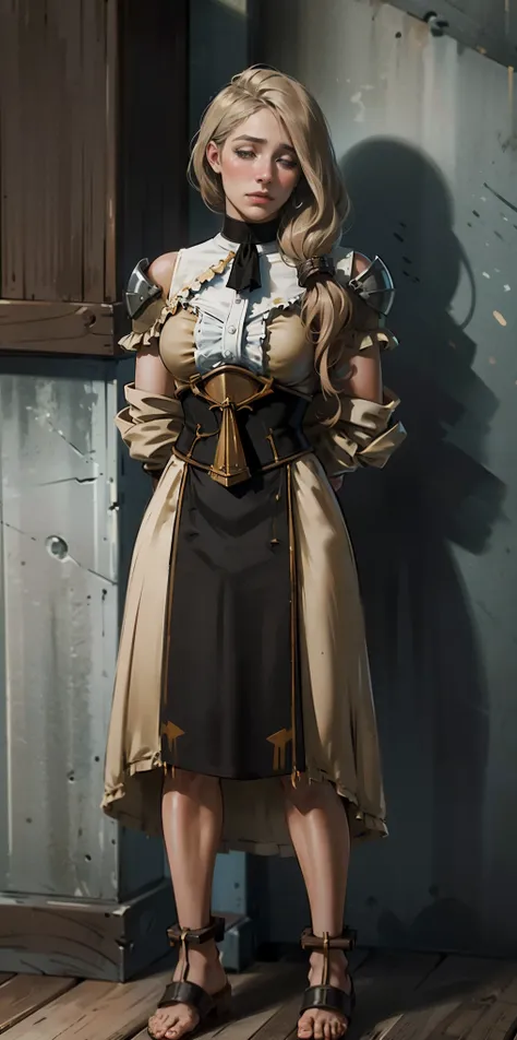 (masterpiece, best quality), intricate details, 1girl, Mercedes von Martritz from Fire Emblem (standing full body toe to head by wooden pole:1.2) iron collar, arms behind back, iron cuffs, shackles, bound, bondage outfit, harness, o-ring, bondage outfit bl...