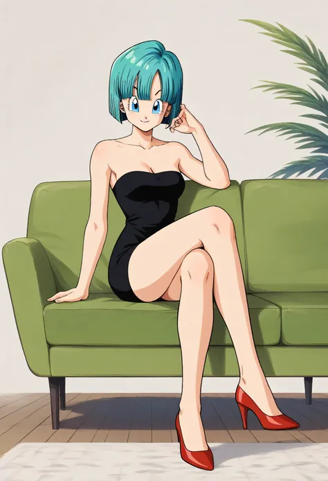 bulma, short hair, pelo aguamarina, bob cut. blue eyes, bare shoulders, strapless, medium breast, a strapless black tube dress, ...