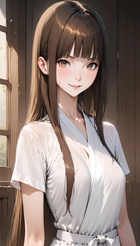 ((masterpiece,Best Quality:1.3,best quality illustrations,realistic)),cowboy shot,portrait,1 woman,young adult,straight long hair,brown hair,(very small head:1.3), bangs,brown eyes,(gorgeous eyes),smile,very long body,small breasts,(karate white uniform,Sh...