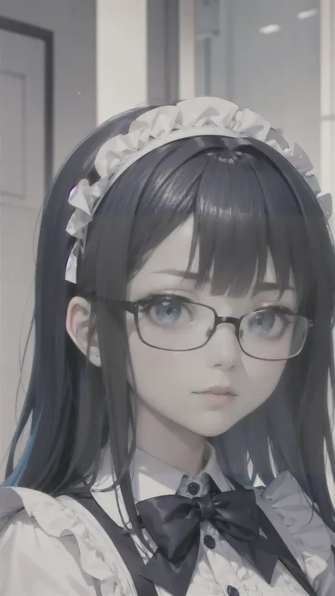 Create an anime-Style illuStration of a 1８-year-old girl named Shizuka. She haS long, Straight, blue hair with bangS cut Straight acroSS her forehead. She haS large, almond-Shaped Silver-blue eyeS and porcelain-like white Skin. Shizuka often wearS glaSSeS....