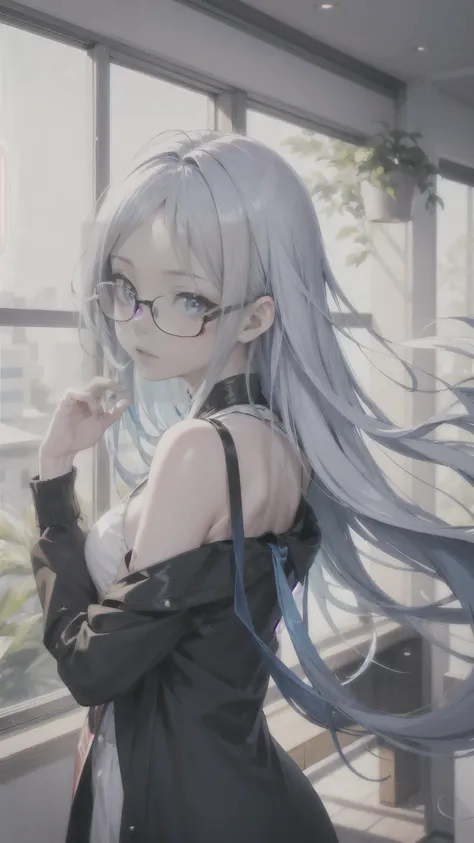 Create an anime-Style illuStration of a 1８-year-old girl named Shizuka. She haS long, Straight, blue hair with bangS cut Straight acroSS her forehead. She haS large, almond-Shaped Silver-blue eyeS and porcelain-like white Skin. Shizuka often wearS glaSSeS....