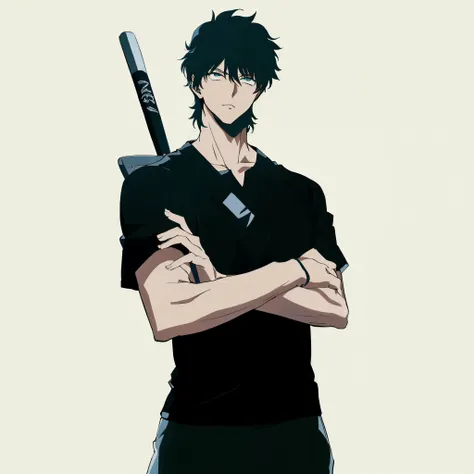 anime guy with a baseball bat and a black shirt, inspired by Okumura Masanobu, tall anime guy with blue eyes, spike spiegel, kentaro miura manga art style, inspired by Okumura Togyu, kentaro miura art style, okata kazuto, kentaro miura manga style, gapmoe ...