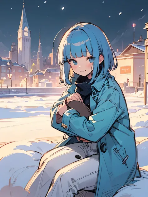 Alone,(hugging on knee),(looking at away:1.3),soft pastel blue short pixiecut,(blunt bangs),Trench coat、Gucci、Luxury muffler、smile,(Trying to grab something with one hand)、surprise、Sigh、winter town,Detailed cityscape、snow,(manga style),(sketch),(illustrati...