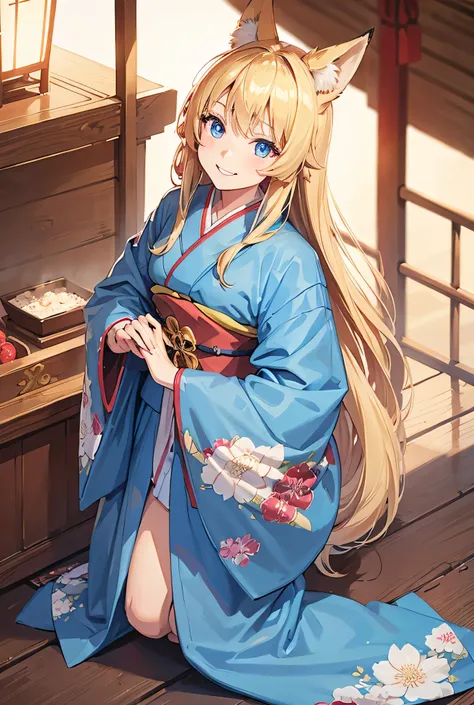 One Girl, Long Hair, Big smile, blonde, blue eyes, Gorgeous kimono, shrine, High Resolution Model, Fox ears, Looking down, 