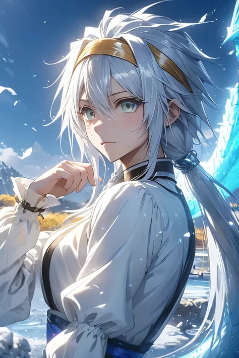 （（（ＳＦＷ、Highest quality、First Class、masterpiece、Normal body、8k、Detailed face、Ultra-precision、Normal hand、Normal finger、Highest、Takumi）））、Velzard、VELZARD、Beauty、Silver Hair、Tube tops、Yellow Hairband、-That Time I Got Reincarnated as a Slime-、White Ice Dragon