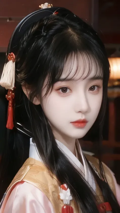 masterpiece, Best quality, Girl wearing Hanfu，Facing the camera，Black Hair，With bangs，20 years old，Wearing traditional Chinese clothing，Chinese Princess，Sweet Girl，A girl，Delicate facial features，