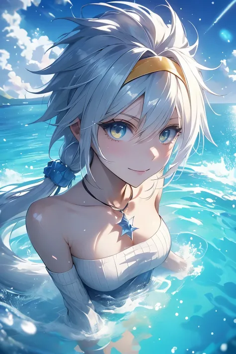 （（（ＳＦＷ、Highest quality、First Class、masterpiece、Normal body、8k、Detailed face、Ultra-precision、Normal hand、Normal finger、Highest、Takumi）））、Velzard、VELZARD、Beauty、Silver Hair、Tube tops、Yellow Hairband、-That Time I Got Reincarnated as a Slime-、White Ice Dragon、...