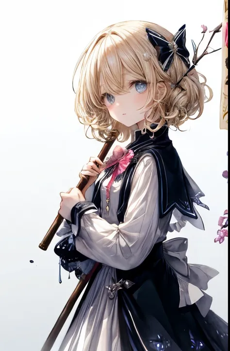 Background white、No background、High image quality、Full HD、girl、Beauty、Magical Girl、Light blonde、White-blonde hair、Carrying a walking stick、Has a walking stick、cute、Sparkling、Ribbons and frills、Fairytale、Droopy eyes、Gentle eyes、watercolor、No background