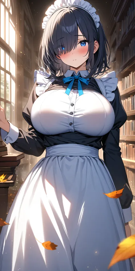 (masterpiece, highest quality:1.2), 1girl, black medium hair, (maid dress), growing light, ((blue eyes)), ((big breast)), light ...