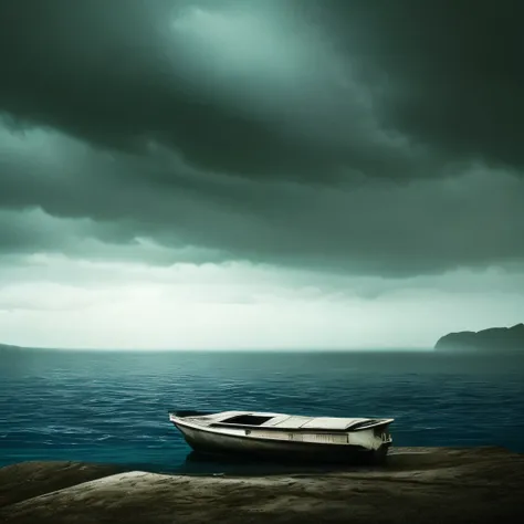 a dark sky over a body of water with a boat in the water, a matte painting by Cedric Peyravernay, flickr, minimalism, shades of blue and grey, awesome and moody, vibrant but dreary blue, dramatic and atmospheric, shades of blue, ominous beautiful mood, bro...