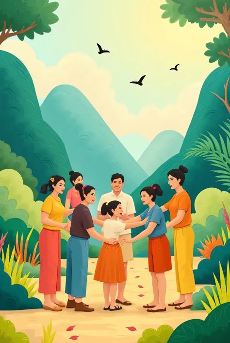 Create an art piece that illustrates the concept of mutual cooperation (gotong royong). The background should be filled with soft, harmonious colors like greens, blues, and yellows, symbolizing unity and togetherness. The central image should depict indivi...