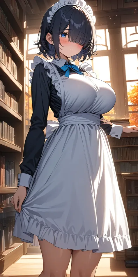 (masterpiece, highest quality:1.2), 1girl, black medium hair, (maid dress), growing light, ((blue eyes)), ((big breast)), light ...