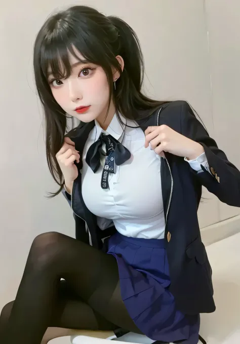 Ultra-detailed、Hanfu Chinese celebrity wearing a tight white blouse and black pantyhose, blue pleaded skirt, sitting in a white bench, undressing black blazer showing large breasts bulging out, long silky black hair, in a white office, attractive beauty、se...