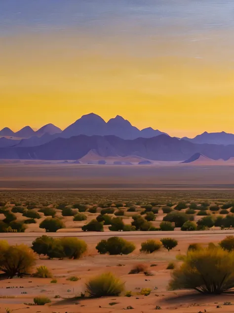 painting of a desert landscape with mountains in the distance, an oil painting inspired by Frederick Goodall, flickr, australian tonalism, 4k oil on linen, sunset in the desert, desert landscape, “ painting, tonalism!, mojave desert, oil on linen, sunset g...