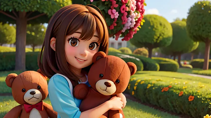 cute girl, brown hair, happy face look the camera, in flower park, hugging a teddy bear