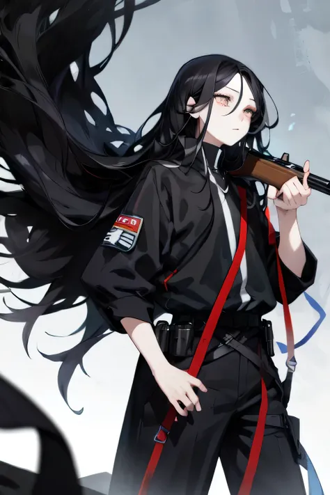 Beautiful girl with long flowing black hair, oversize black cloth, white eyes, a sniper,
