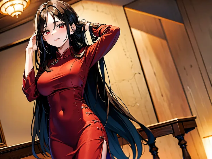 ((best quality)), ((masterpiece)), 1girl,alone,black hair,absurdly long hair,straight hair,tall,slender,huge breasts,red eyes,we...