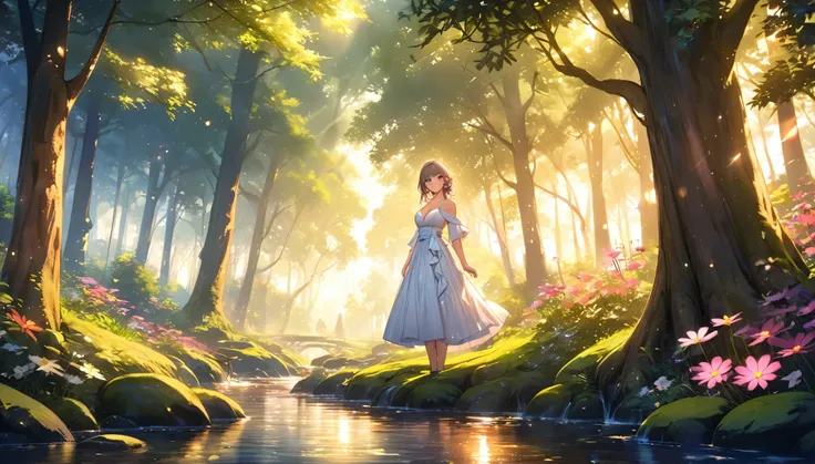 1 woman alone, cleavage, standing, looking at camera with flirtatious smile, featuring a serene forest with towering ancient trees, dappled sunlight filtering through the leaves, a gentle stream flowing through the scene; vibrant and warm color temperature...