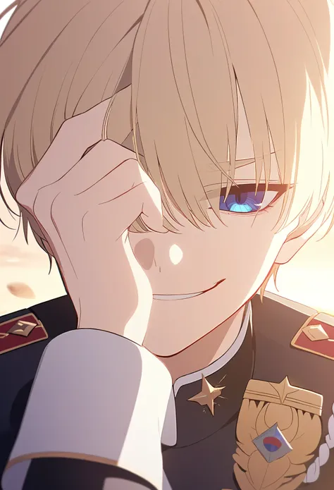 solo,1boy,bishounen,male focus,looking at viewer,covering one eye,short hair,blonde hair,skinny,blue eyes,narrow eyes,smug,military uniform,upper body,