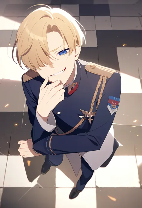 solo,1boy,bishounen,male focus,looking at viewer,covering one eye,short hair,blonde hair,skinny,blue eyes,narrow eyes,smug,military uniform,full body,