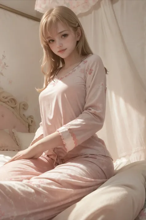 photo of mariya with long blonde hair, bang(petite:1.0), wearing (red pajamas:1.3),  on bed in a cute girly bedroom adorned with pastel hues and playful decor. The walls are painted in soft pinks or lavender, with a delicate floral or heart-patterned wallp...