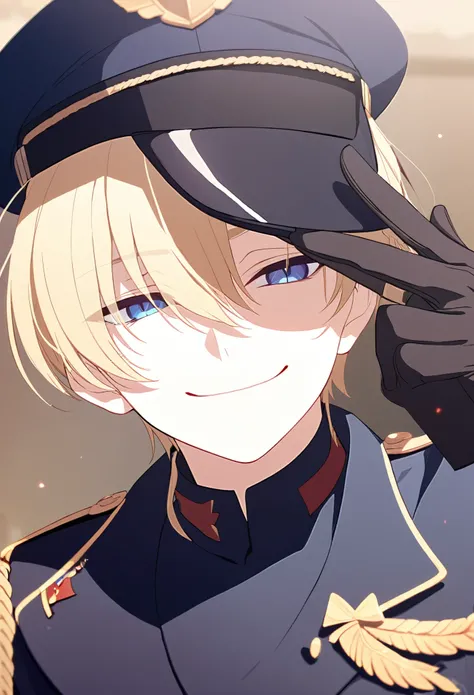 solo,1boy,bishounen,male focus,looking at viewer,covering one eye,short hair,blonde hair,skinny,blue eyes,narrow eyes,smug,military uniform,military hat,peaked cap,