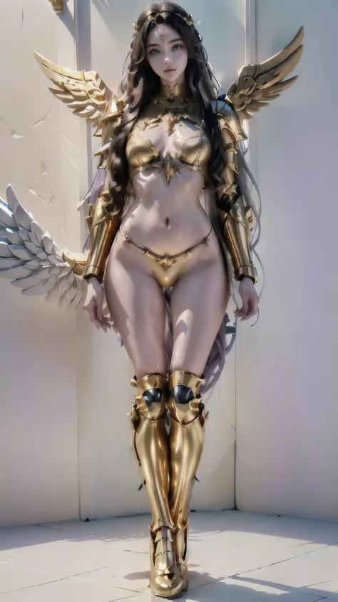 arafed woman in a gold armor with a sword, angelic golden armor, angel knight girl, knights of zodiac girl, angel in plastic armor, wearing gold armor, armor girl, wearing golden armor, gold armor, golden armor, light gold armor, lady palutena, girl in kni...