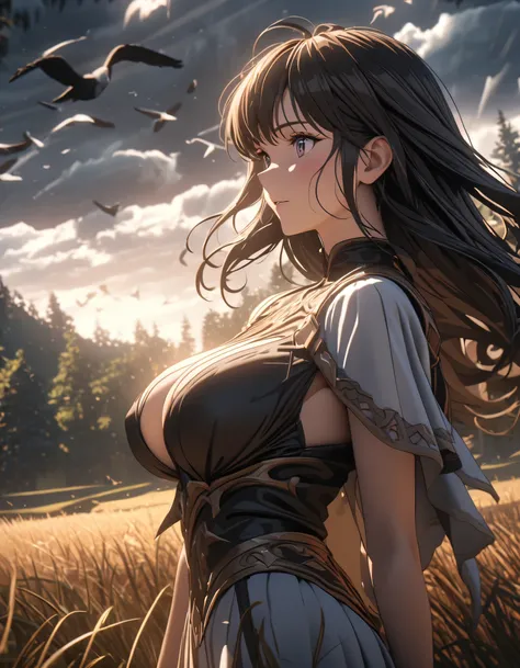 anime aestetic, dark fantasy aestetics, grim fantasy, big open field with low dry grass, forest far at the background, nature aestetics, white bitrds at the field, flying birds in the sky, cloudy skies, cloudy wheather, cinematic light, ray tracing ,atmosp...