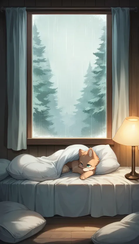 Rain-soaked window and soft light: A small bedroom with a wooden bed, fluffy pillows, and warm blankets, dimmed table lamps glowing softly while rain taps against the window, the gray sky outside blending with misty trees.
